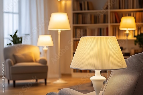 Warm table lamp glowing in a modern living room. Sofa, armchair, and bookshelf with soft bokeh depth. A calm sense of comfort and stability. Ideal for interior design, hospitality