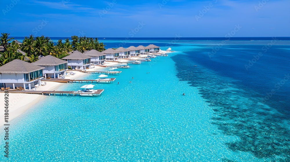 Fototapeta premium Clear blue lagoons with boats docked, travelers swimming and relaxing, expansive ad layout, modern and relaxing beach vibe