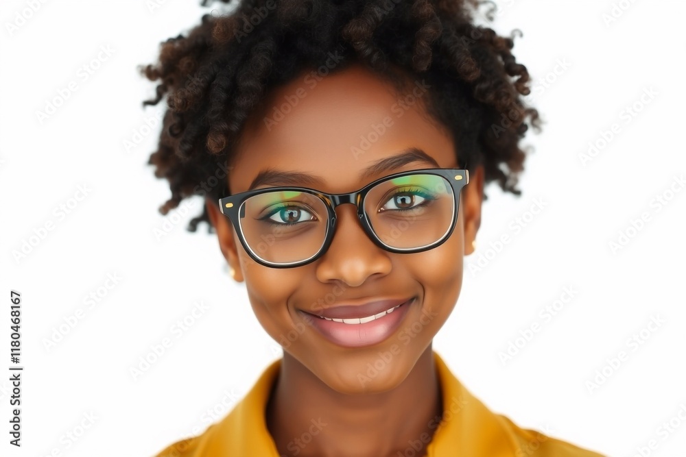 Obraz premium a portrait of a young African-American woman with short curly hair and glasses. She is smiling and looking directly at the camera.
