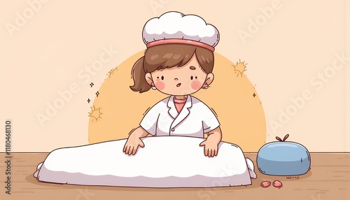 2D Flat Chibi Cartoon Baker Character Kneading Dough in Bakery Setting - Isolated on White Background. A cute female chibi baker is shown happily working in her bakery, kneading dough on a white count
