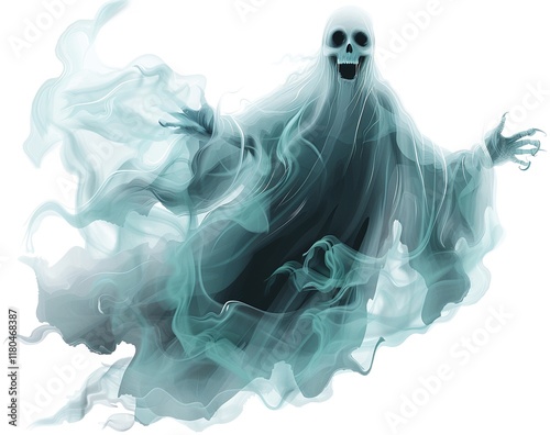 Ethereal ghost figure in shades of teal and grey, a spectral form with a skull-like face, floats against a white background.