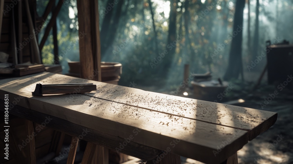 Morning light streams through a woodland workshop, casting shadows over a worn wooden workbench covered in wood shavings and hand tools. Morning light streams through a woodland workshop, casting shadows over a worn wooden workbench covered in wood shavings and hand tools.