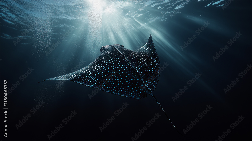 Naklejka premium Graceful manta ray gliding through the deep ocean under sunlit waters.