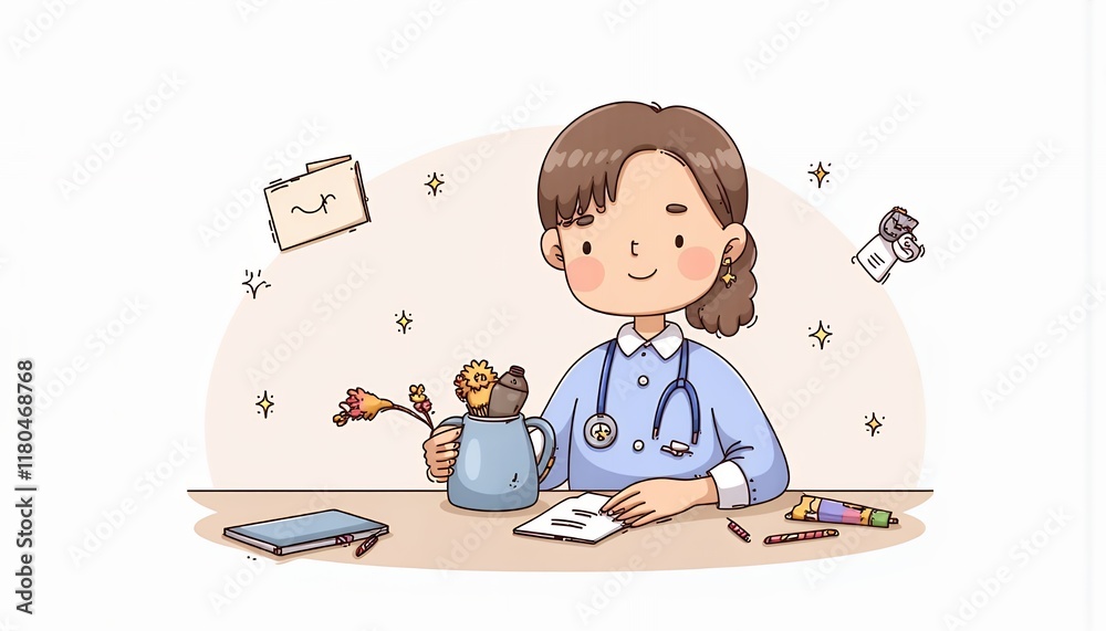 2D Flat Chibi Cartoon Character of a Doctor - Cheerful female doctor smiling at her desk reviewing patient charts, surrounded by medical supplies and stationery in a bright office setting - Isolated o 2D Flat Chibi Cartoon Character of a Doctor - Cheerful female doctor smiling at her desk reviewing patient charts, surrounded by medical supplies and stationery in a bright office setting - Isolated o