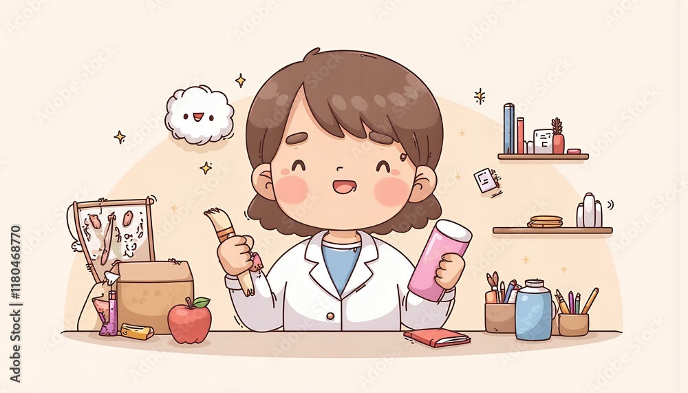 2D Flat Chibi Cartoon Character of a Doctor - Cheerful female doctor smiling happily at her desk surrounded by medical supplies, books and an apple, isolated on white background - Perfect for childre 2D Flat Chibi Cartoon Character of a Doctor - Cheerful female doctor smiling happily at her desk surrounded by medical supplies, books and an apple, isolated on white background - Perfect for childre