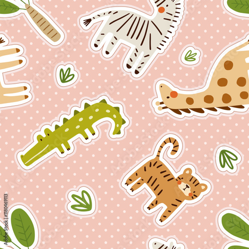 Cute hand drawn african baby animals on a pink neutral with stripes background, kids seamless pattern with zebra, crocodile, giraffe, lion, tiger.