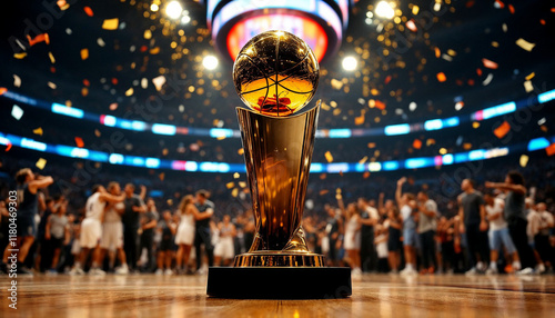 NBA championship trophy gleams on a court amid jubilant players, confetti, and spotlight.

