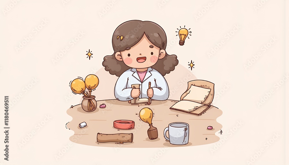 2D Flat Chibi Cartoon Character of a Scientist Conducting an Experiment in a Laboratory Setting - Isolated on White Background. The illustration features a cute, smiling female scientist surrounded b 2D Flat Chibi Cartoon Character of a Scientist Conducting an Experiment in a Laboratory Setting - Isolated on White Background. The illustration features a cute, smiling female scientist surrounded b