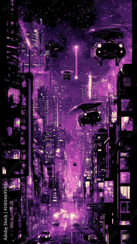 Futuristic Cityscape Night Scene With Flying Vehicles Futuristic Cityscape Night Scene With Flying Vehicles