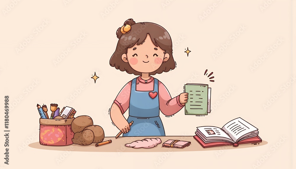 2D Flat Chibi Cartoon Character of an Artist - A cheerful young artist girl sits at her desk, surrounded by art supplies, proudly holding up a finished drawing, surrounded by pencils, paint, and noteb 2D Flat Chibi Cartoon Character of an Artist - A cheerful young artist girl sits at her desk, surrounded by art supplies, proudly holding up a finished drawing, surrounded by pencils, paint, and noteb