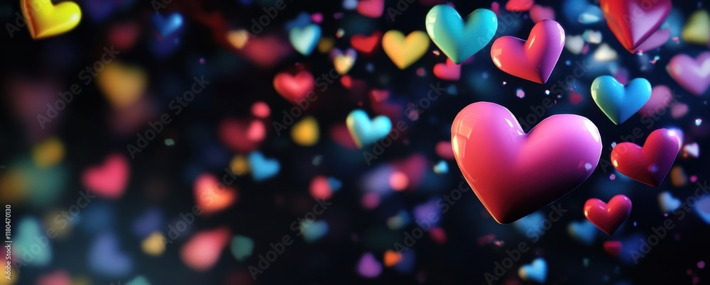 A vibrant array of colorful hearts float against a dark backdrop, conveying a joyful and romantic mood. Perfect for Valentine's Day, celebrations, and love-themed designs. A vibrant array of colorful hearts float against a dark backdrop, conveying a joyful and romantic mood. Perfect for Valentine's Day, celebrations, and love-themed designs.