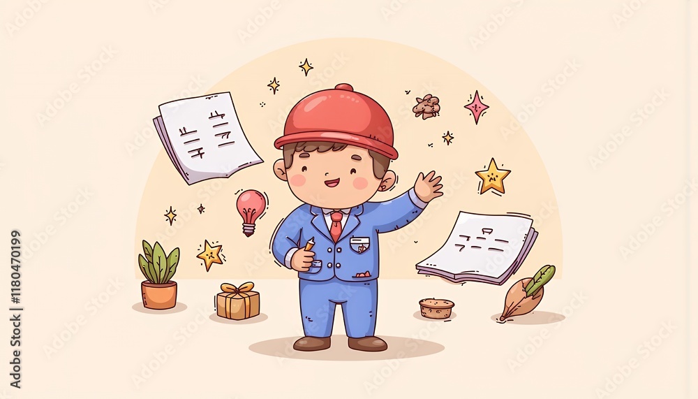 2D Flat Chibi Cartoon Character of an Engineer - Cheerful young engineer surrounded by blueprints, tools, and construction elements, isolated on white background. Perfect for educational materials, w 2D Flat Chibi Cartoon Character of an Engineer - Cheerful young engineer surrounded by blueprints, tools, and construction elements, isolated on white background. Perfect for educational materials, w