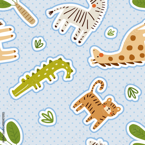 Zoo cute hand drawn african baby animals on a blue neutral with stripes background, kids seamless pattern with zebra, crocodile, giraffe, lion, tiger.