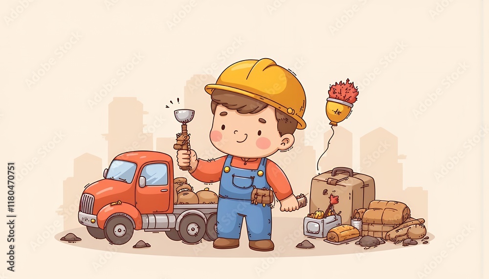 2D Flat Chibi Cartoon Character of Construction Worker - A cute chibi child construction worker smiling and holding a plunger, surrounded by construction trucks, boxes and construction materials at a 2D Flat Chibi Cartoon Character of Construction Worker - A cute chibi child construction worker smiling and holding a plunger, surrounded by construction trucks, boxes and construction materials at a