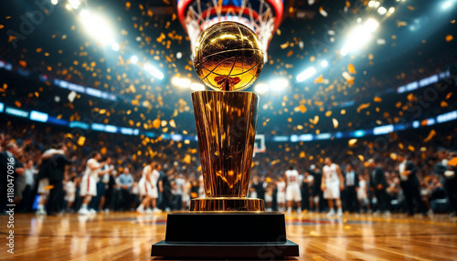 NBA championship trophy gleams on a court amid jubilant players, confetti, and spotlight.

 photo