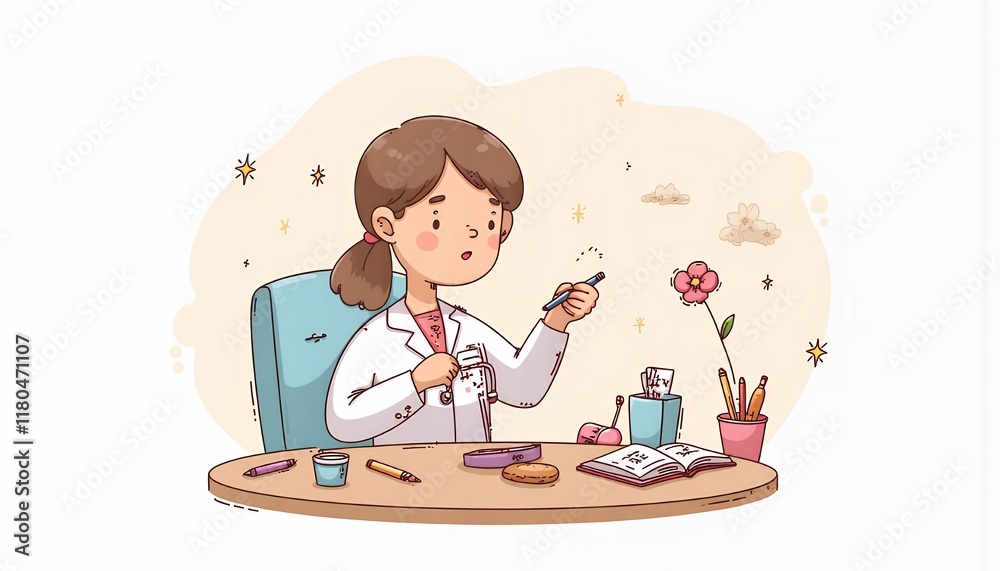 2D Flat Chibi Cartoon Character of Doctor - Cheerful female doctor working at her desk, surrounded by medical supplies and a flower, in a cozy office setting - Isolated on white background. A cute an 2D Flat Chibi Cartoon Character of Doctor - Cheerful female doctor working at her desk, surrounded by medical supplies and a flower, in a cozy office setting - Isolated on white background. A cute an