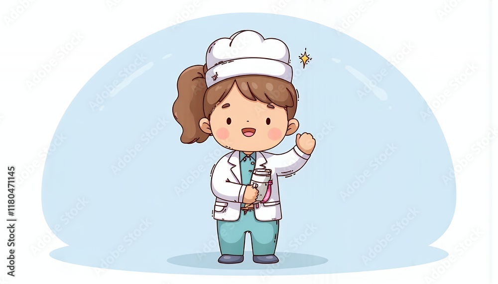 2D Flat Chibi Cartoon Character of Female Chef - Happy female chef character holding a knife, wearing a chef's uniform and hat, standing in a light blue background - Isolated on white 2D Flat Chibi Cartoon Character of Female Chef - Happy female chef character holding a knife, wearing a chef's uniform and hat, standing in a light blue background - Isolated on white