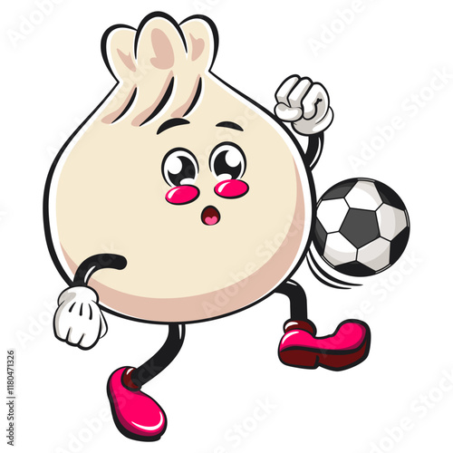 Cute dumpling vektor illustration mascot character dribbling a football or soccer ball, Xiao Long Bao, Asian, Chinese food, work of hand drawn