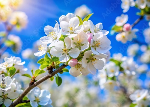 White Gravenstein Apple Blossoms in Full Bloom, Bokeh Blue Sky photo