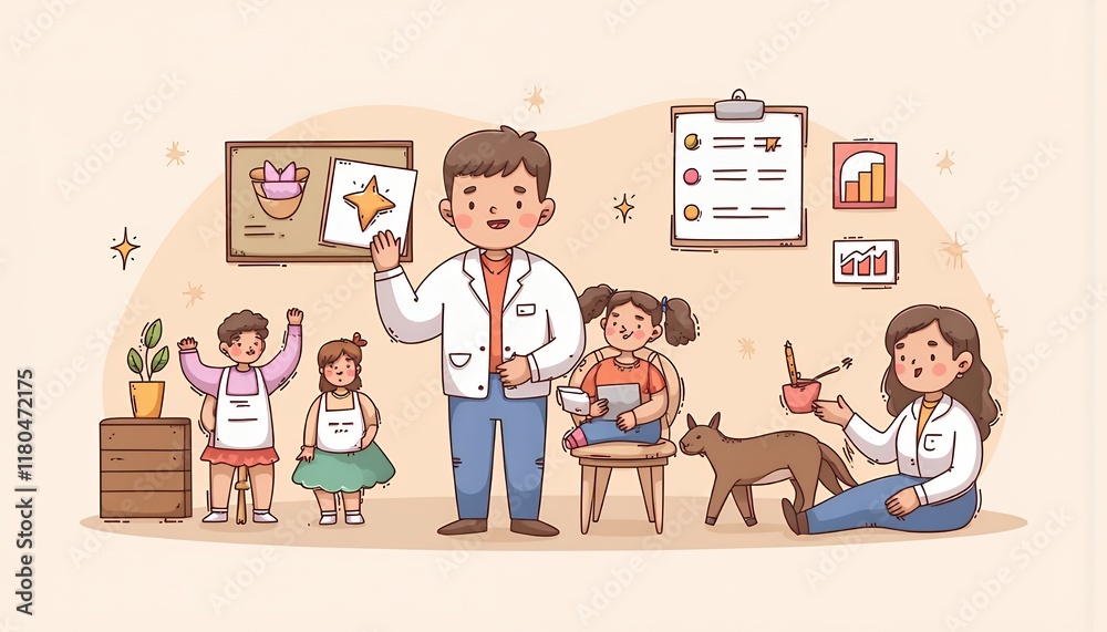 2D Flat Chibi Cartoon Character of Pediatrician - A friendly pediatrician explains a child's health chart to young patients and their parents in a bright clinic with a pet dog present - Isolated on wh 2D Flat Chibi Cartoon Character of Pediatrician - A friendly pediatrician explains a child's health chart to young patients and their parents in a bright clinic with a pet dog present - Isolated on wh