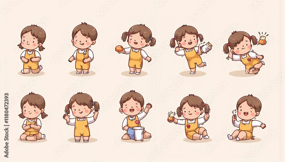 2D Flat Chibi Cartoon Character Set: A Collection of Adorable Poses and Expressions of a Young Girl in Various Activities - Isolated on White Background. Perfect for animation, game design, website el 2D Flat Chibi Cartoon Character Set: A Collection of Adorable Poses and Expressions of a Young Girl in Various Activities - Isolated on White Background. Perfect for animation, game design, website el