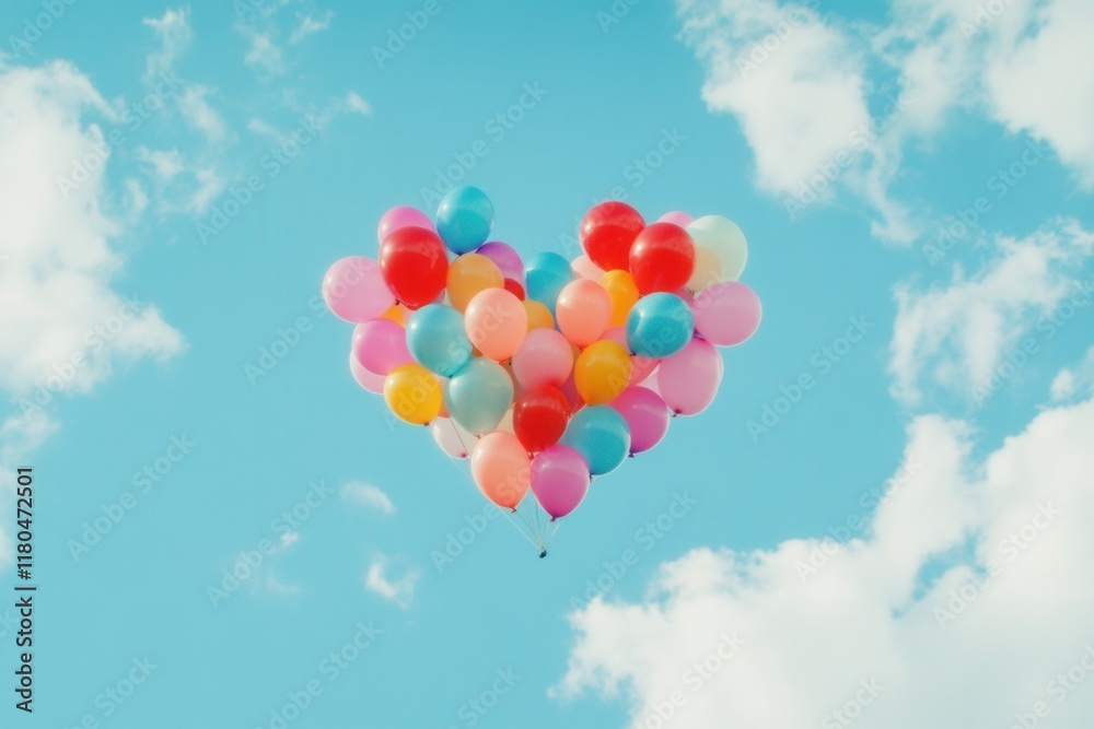 Colorful Balloons Arranged in a Heart Shape Against a Blue Sky with Fluffy White Clouds Colorful Balloons Arranged in a Heart Shape Against a Blue Sky with Fluffy White Clouds