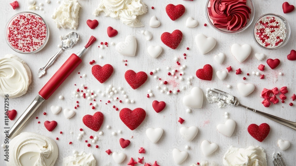 A flat lay of white, red, and pink sugar hearts scattered across a baking table, surrounded by frosting, sprinkles, and decorating tools. A flat lay of white, red, and pink sugar hearts scattered across a baking table, surrounded by frosting, sprinkles, and decorating tools.