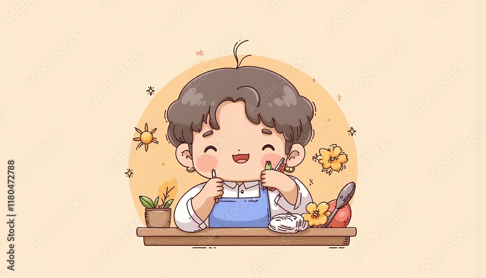 2D Flat Chibi Cartoon Gardener Character - Joyfully tending to potted plants and flowers on a wooden table, surrounded by gardening tools - isolated on white background. This illustration is perfect f 2D Flat Chibi Cartoon Gardener Character - Joyfully tending to potted plants and flowers on a wooden table, surrounded by gardening tools - isolated on white background. This illustration is perfect f