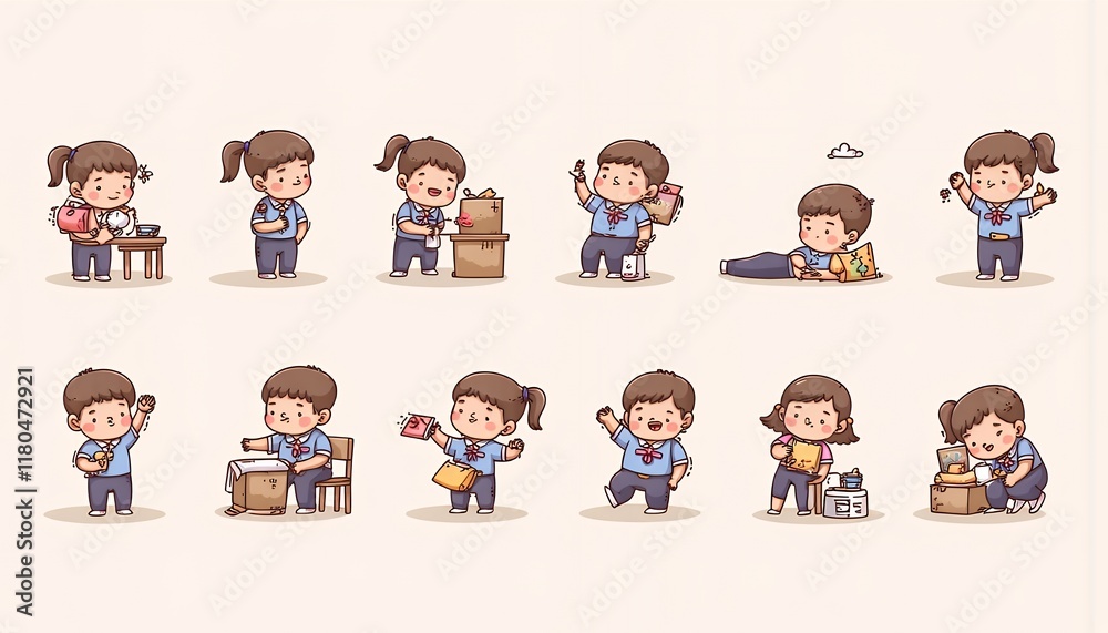 A Set of Twelve Adorable 2D Flat Chibi Cartoon Characters Illustrating Various Workplace Activities and Daily Tasks, Isolated on White Background A Set of Twelve Adorable 2D Flat Chibi Cartoon Characters Illustrating Various Workplace Activities and Daily Tasks, Isolated on White Background