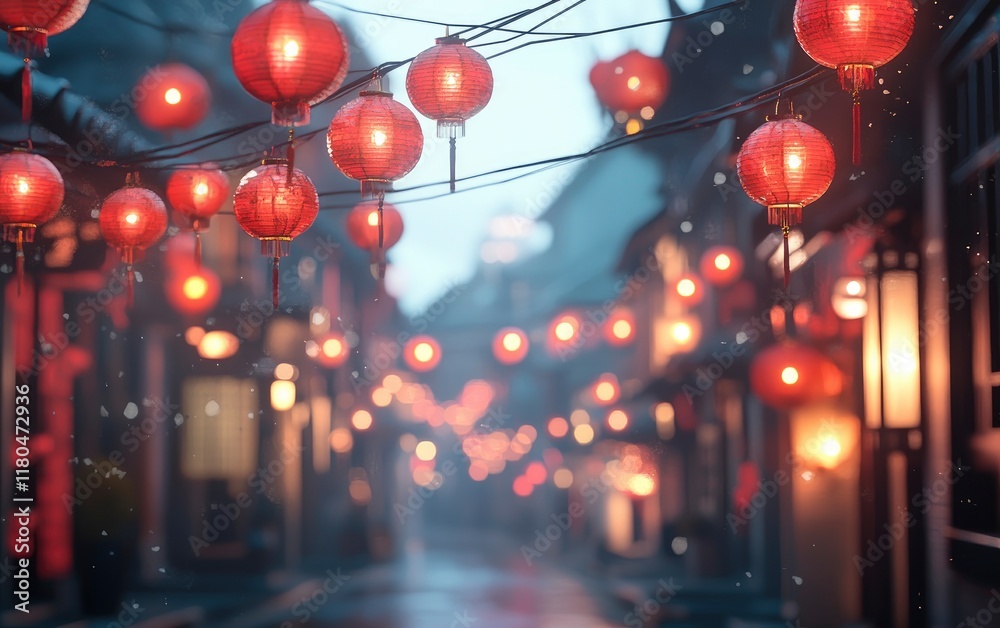 Obraz premium Chinese New Year background with red lanterns and copy space, blurred Chinese New Year festival decorations in the foreground. Asian cultural celebration concept. Blurred festive background. 