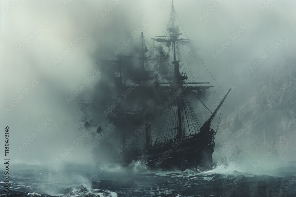 Ghostly pirate ship in dense fog Ghostly pirate ship in dense fog