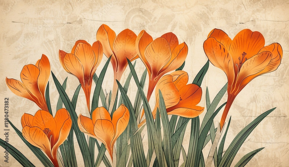 Obraz premium Vibrant orange crocuses in full bloom, a stunning display of springtime beauty. The painting style evokes a sense of tranquility and natural elegance.