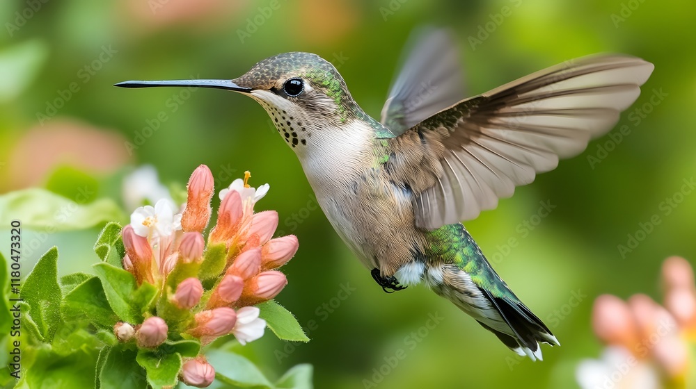 Fototapeta premium Hummingbird Hovering Near Blooming Flower in Natural Setting