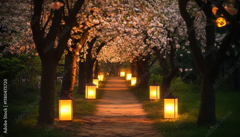 Fototapeta premium Enchanted Path Through a Blossoming Garden at Night