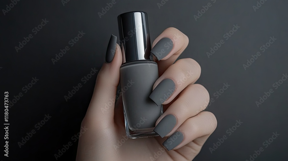 A minimalist photo of long gray nails with a matte finish, clutching a bottle of clear nail polish, styled with silver accents. A minimalist photo of long gray nails with a matte finish, clutching a bottle of clear nail polish, styled with silver accents.