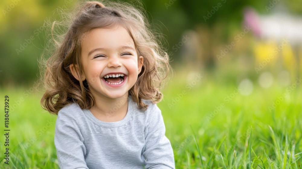 Joyful young girl sitting on the grass and laughing brightly in a sunny garden setting filled with greenery Joyful young girl sitting on the grass and laughing brightly in a sunny garden setting filled with greenery