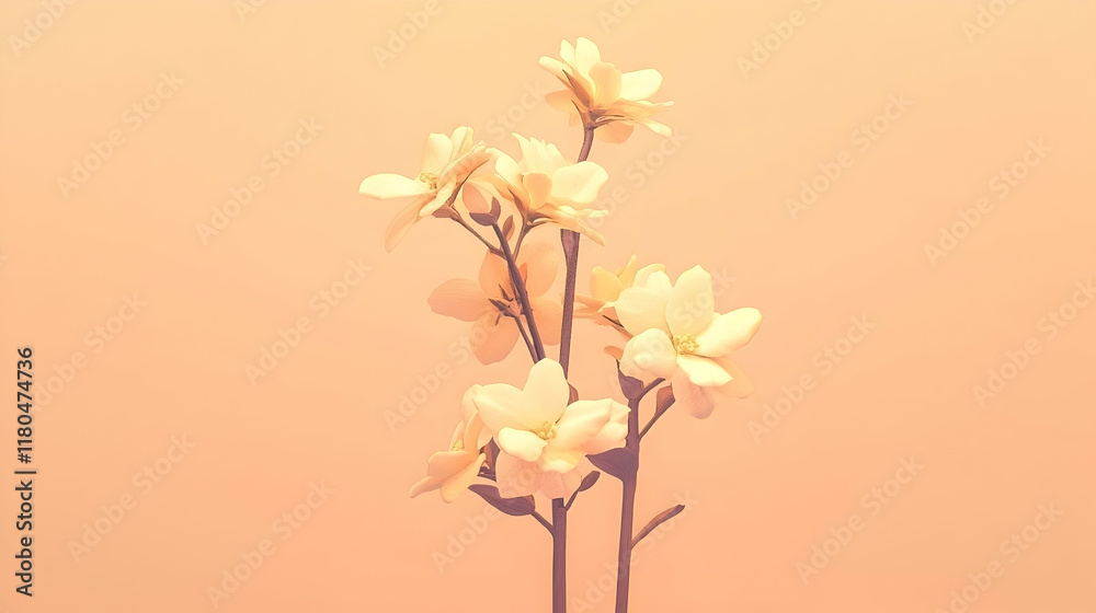 Fototapeta premium Delicate cream flowers on peach background, soft lighting, artistic still life.