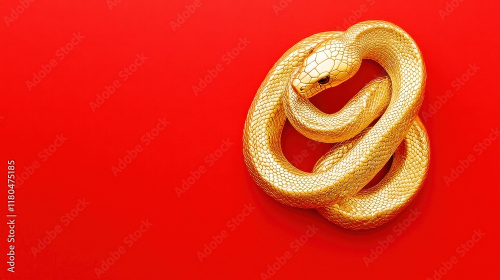 Obraz premium Gold Snake on Red Background: A Minimalist Composition