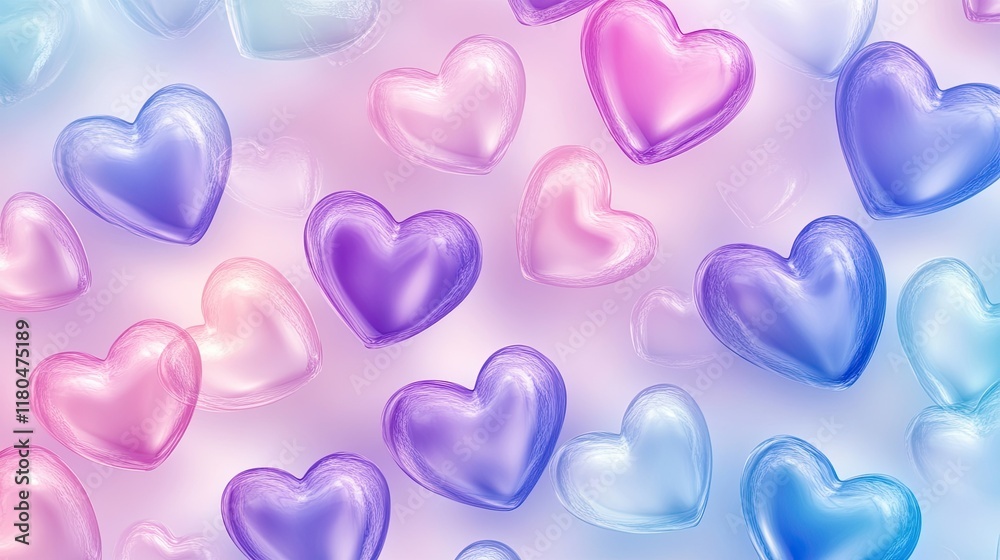 Obraz premium A romantic Valentine's Day background featuring vibrant heart shapes in various sizes, scattered elegantly across a soft pastel gradient.