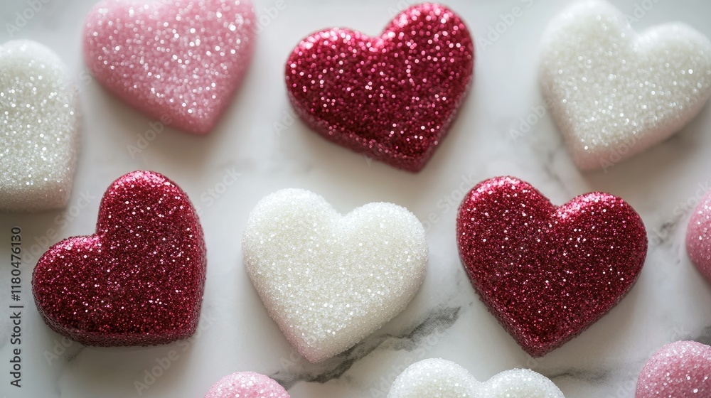 Obraz premium A vibrant assortment of white, red, and pink sugar hearts scattered on a marble countertop, with a close-up on their glittery texture.