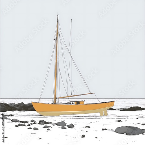 Orange sailboat resting on a tranquil beach shore photo