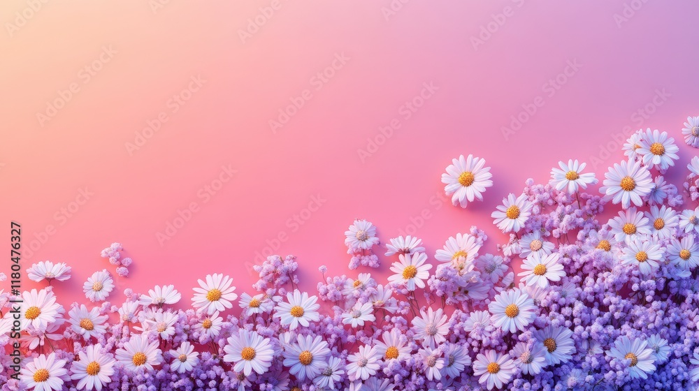 Fototapeta premium A whimsical spread of chamomile flowers on a vibrant gradient background, with open space for creative layouts.