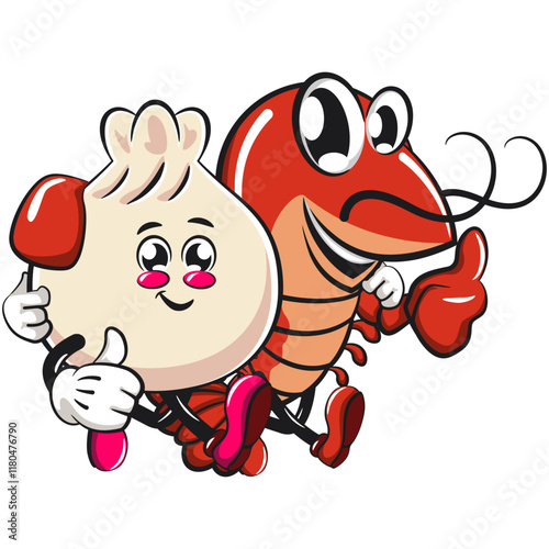 Cute dumpling vektor illustration mascot character with a shrimp character while giving thumbs up, Xiao Long Bao, Asian, Chinese food, work of hand drawn