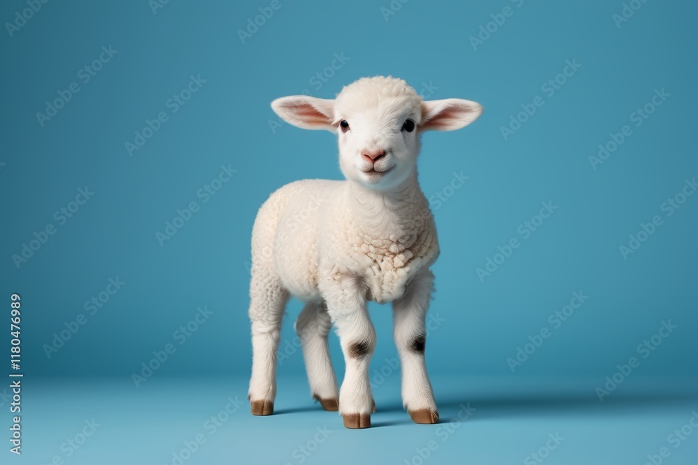 Fototapeta premium there is a small white sheep standing on a blue surface