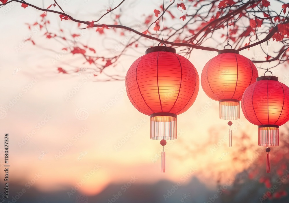 Obraz premium Chinese New Year background with red lanterns hanging in the air, blurred background, stock photo, Chinese traditional festival concept, wide-angle view.