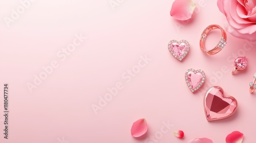 Pink Rose Petals and Sparkling Heart Decorations on a Soft Pink Background: Valentine's Day or Wedding Design