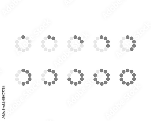 Ten minimalist loading icons in grayscale, perfect for website design, app interfaces, or presentations.  Clean, simple, and versatile, these circular progress indicators offer a modern aesthetic.