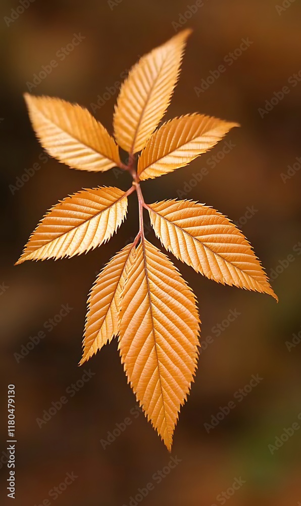 Five autumn leaves, orange and brown, on a branch against a blurred background. Five autumn leaves, orange and brown, on a branch against a blurred background.