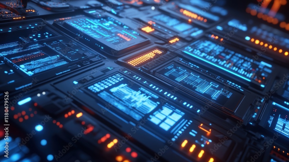 Futuristic control panel displaying complex data analysis and manufacturing processes, featuring glowing blue and orange lights, intricate circuitry, and advanced technology Futuristic control panel displaying complex data analysis and manufacturing processes, featuring glowing blue and orange lights, intricate circuitry, and advanced technology