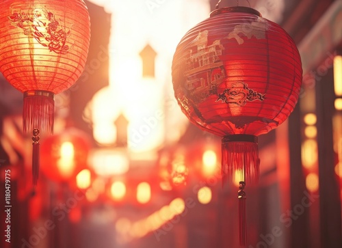 Chinese New Year, red lanterns hanging in the streets, traditional culture, festive atmosphere, bright colors, macro photography, and soft lighting. The background is blurred to highlight the theme photo